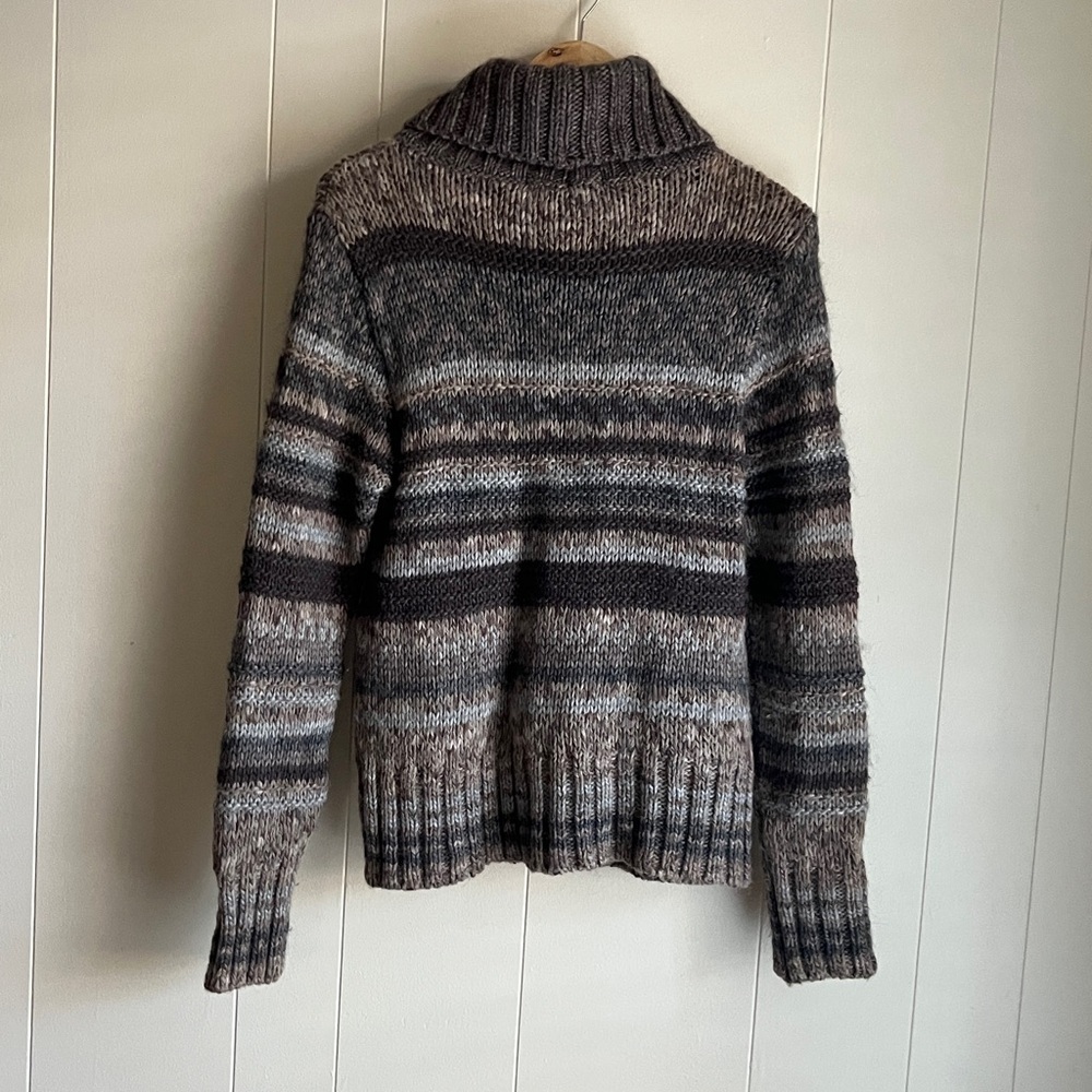 Anthropologie Elsamanda Striped Knit Boho Wool Cowl Neck Grey Brown Sweater Sz L - Picture 8 of 8
